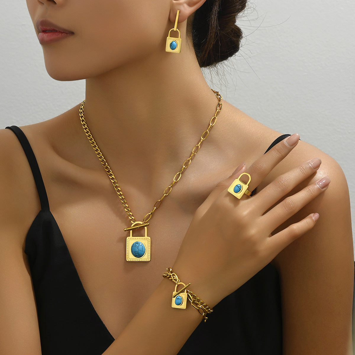 Simple Hip-hop Women's Bracelet Earrings Suit Distinctive Inlaid Turquoise Lock Niche Design Long Necklace