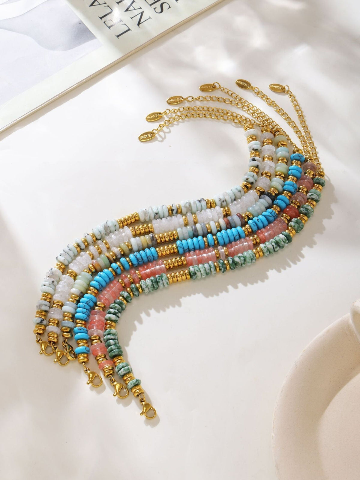 18K gold round beads with gemstone design high-end bracelet