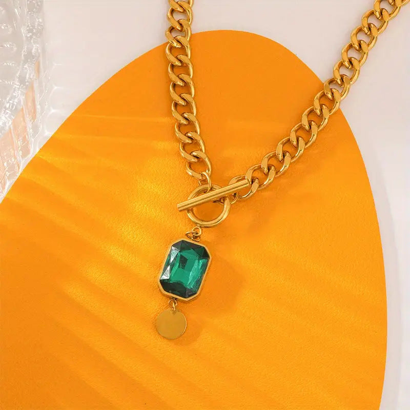 New Retro Fashion Exaggerated Chunky Chain Green Square Zircon Pendant Choker Necklace For Women, Short Clavicle Neck Jewelry