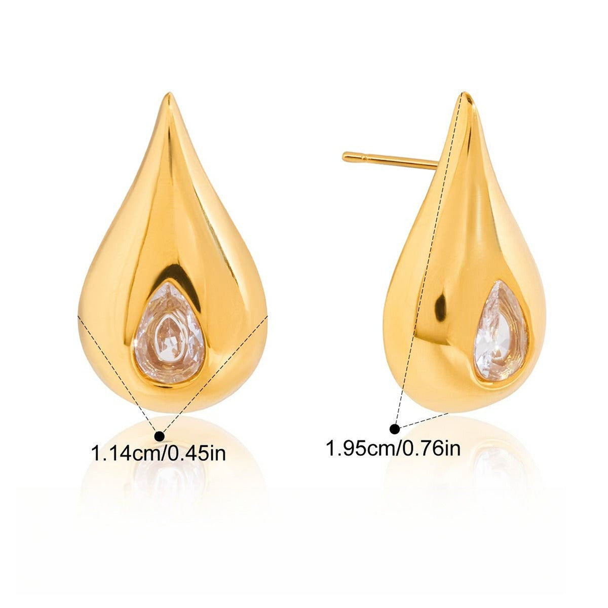 18K gold earrings inlaid with cubic zirconia in a teardrop design.