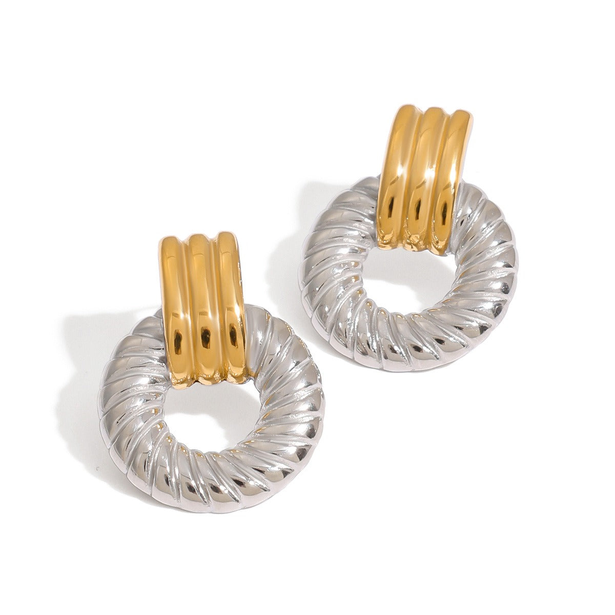 18K gold hollow round with gold and silver color matching design simple personality earrings