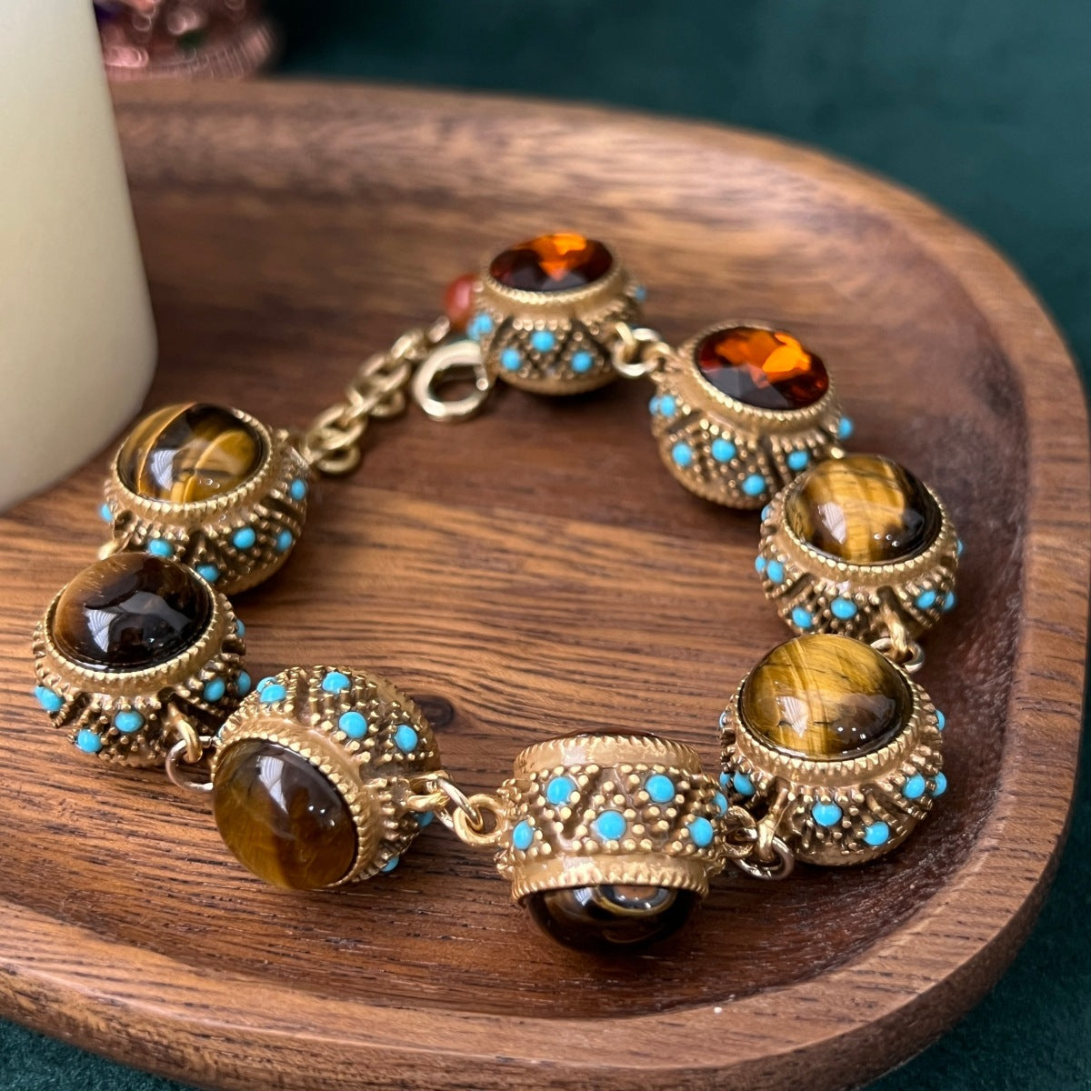 Women's Vintage Multi-stone Inlaid Natural Tigers Eye Bracelet