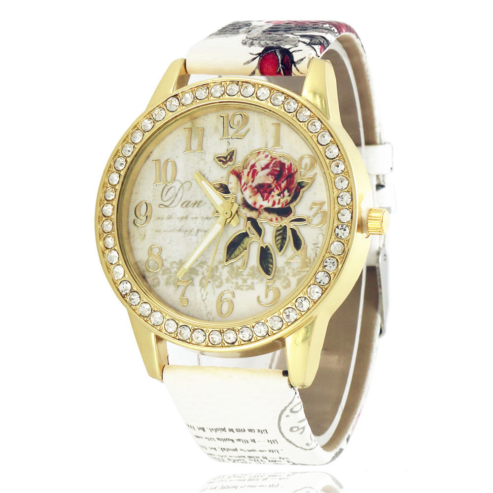 Diamond-inlaid Gold Case Rose Pattern Fashion Quartz Watch