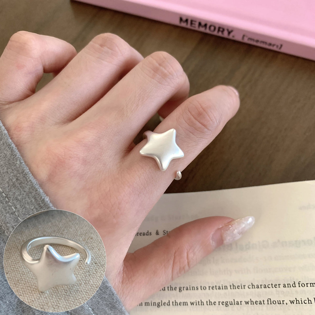 High Sense Star Open Ring For Women, INS Niche Brushed Texture Luxury Adjustable Index Finger Statement Ring