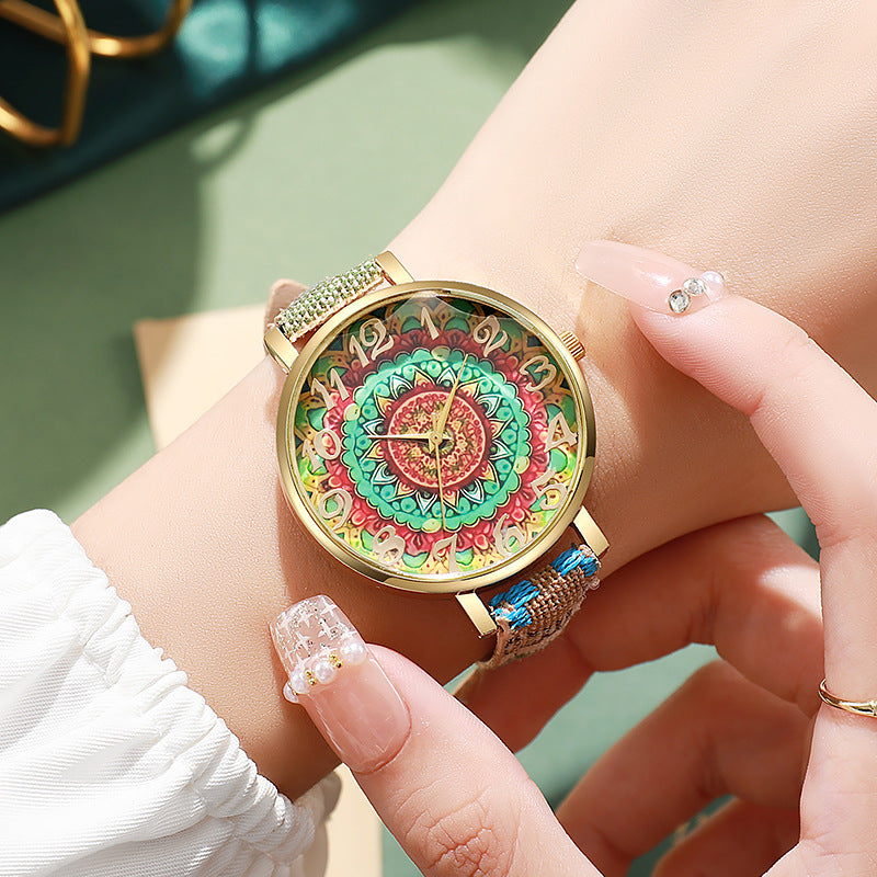 Round Floral Design, Multicolored, Versatile Casual Quartz Watch