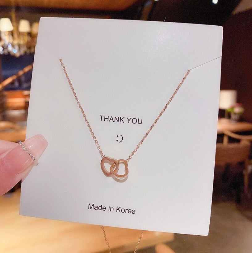 All-Titanium Steel Electroplated 18K Gold Cool Style Heart Double Ring Necklace For Women Niche Design Fashionable And Versatile High-End Sense