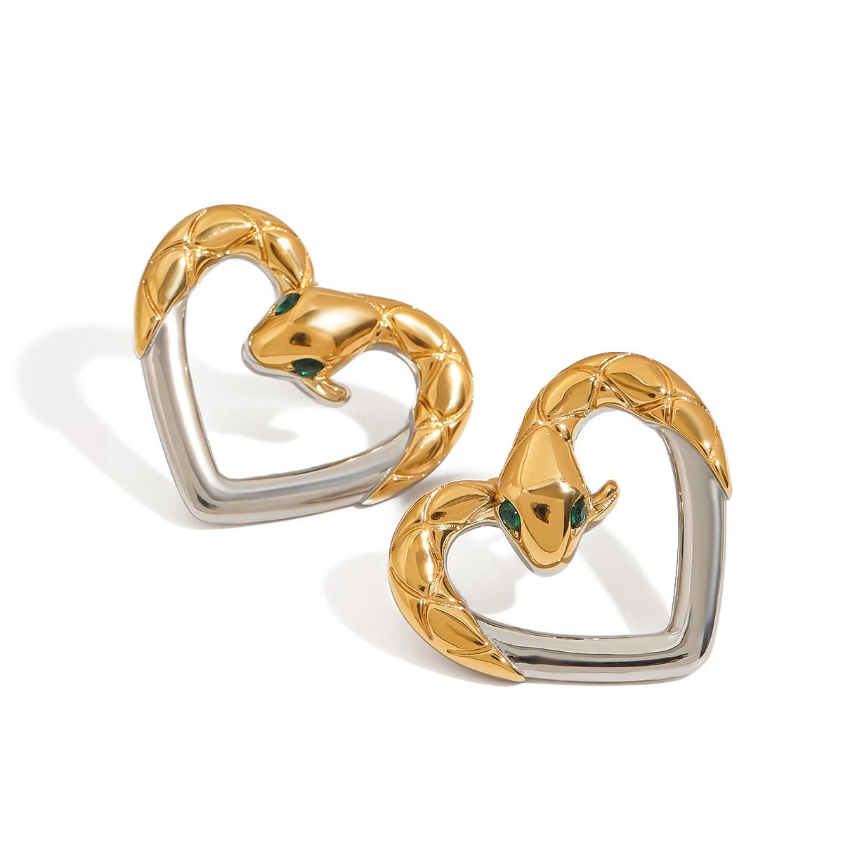 18K gold hollow heart with gold and silver color matching design high-end earrings
