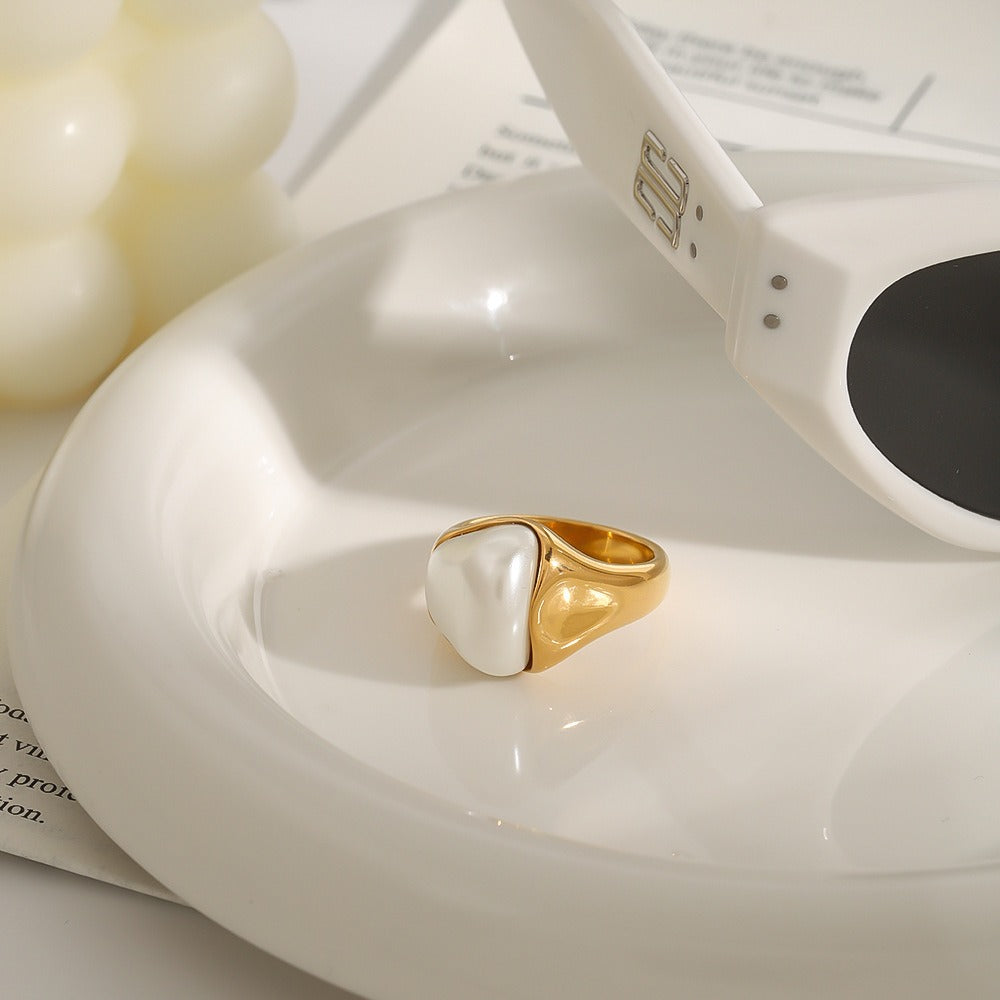 18K gold inlaid irregular pearl design trendy personality ring