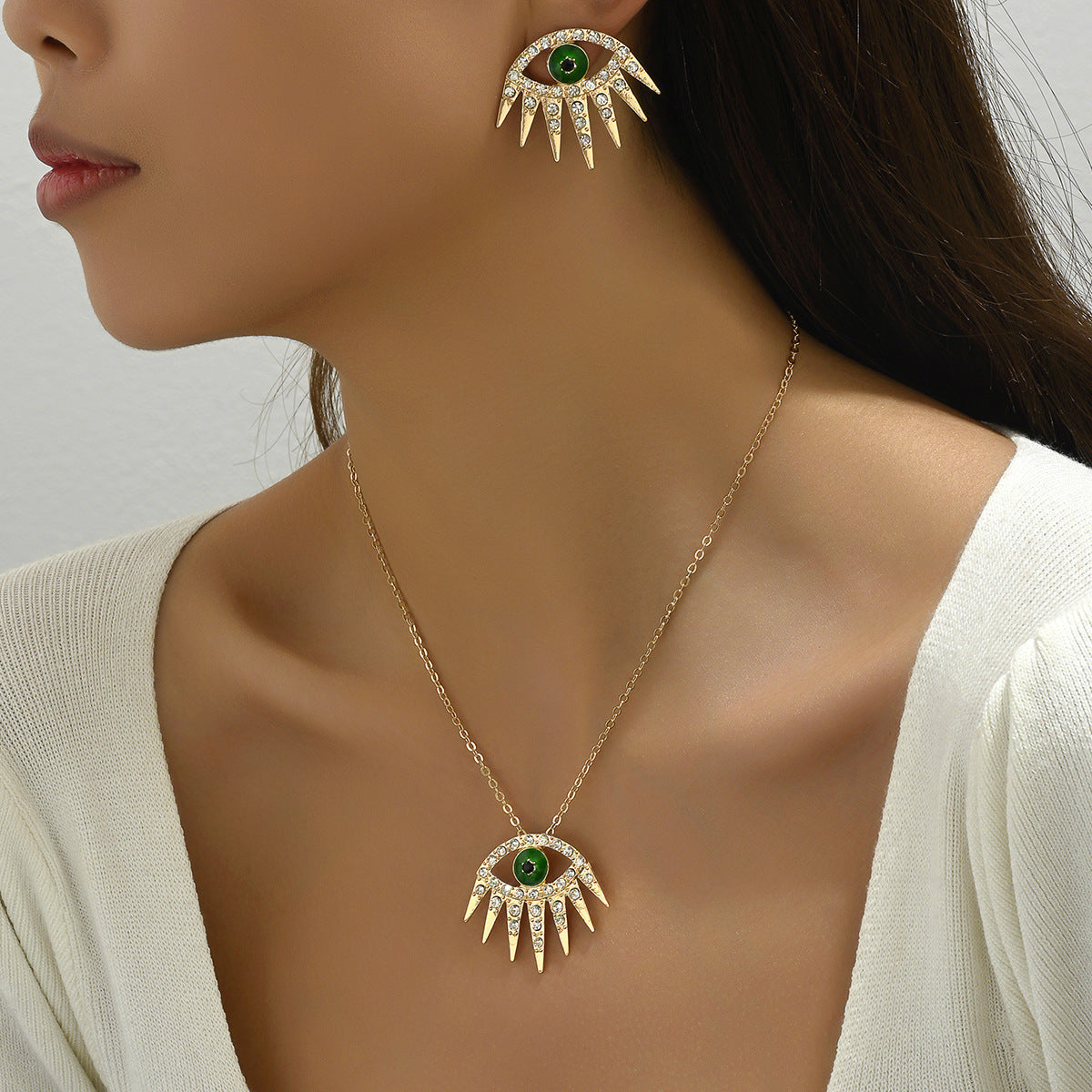 Fashion Commuter Women's Earrings Necklace Suit Diamond-encrusted Devil's Eye Earrings Niche Design Long Chain All-match