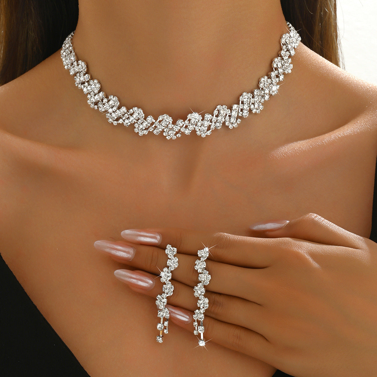 Full Diamond Jewelry Multi-Color Cross-Border European And American Necklace Earrings Set Bridal Ring New Two-Piece Set Fashionable Winter Accessories