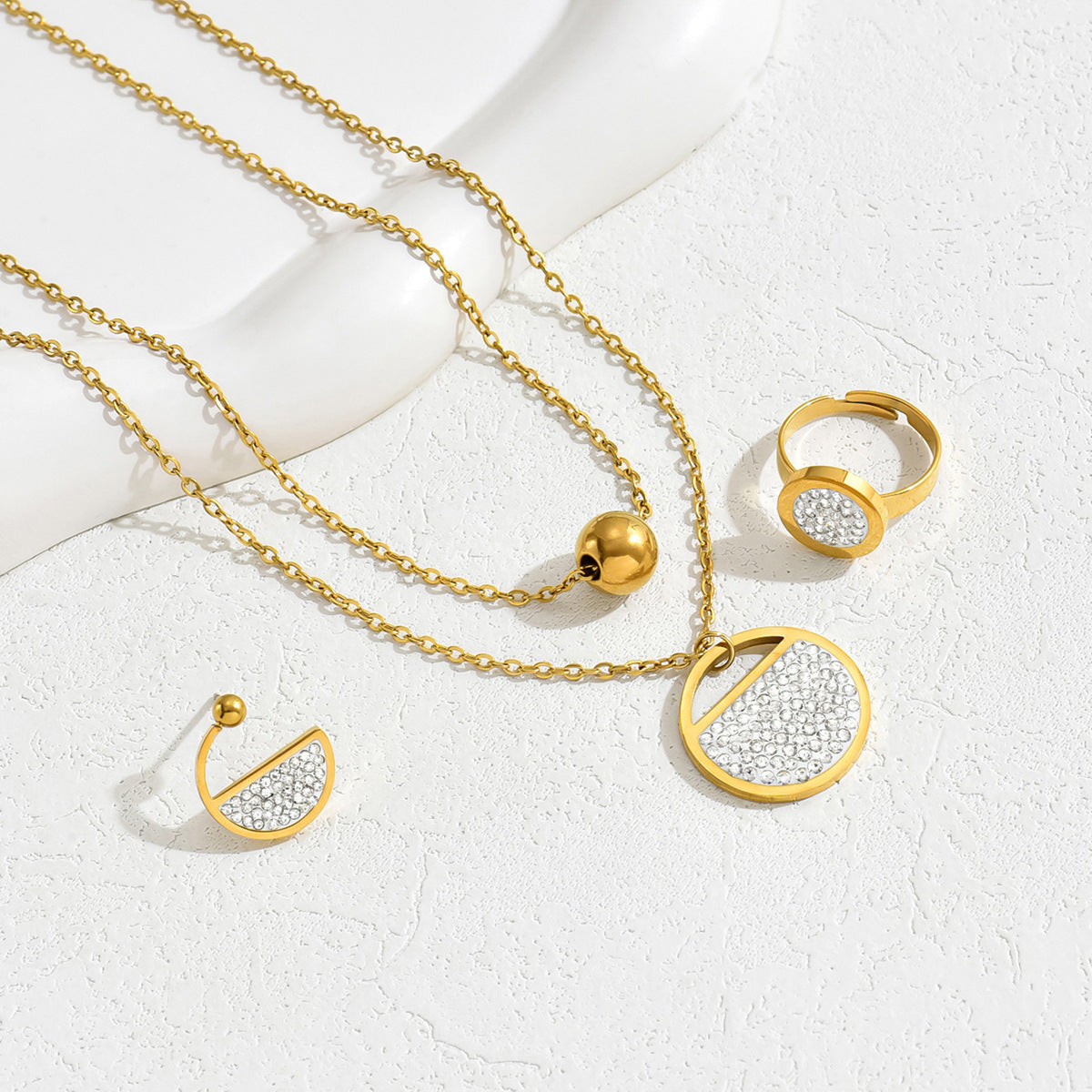 Ins Fresh Japanese-Korean Style Women's Ring Earrings Necklace Suit Distinctive Zircon Round Collarbone Chain All-match Bracelet