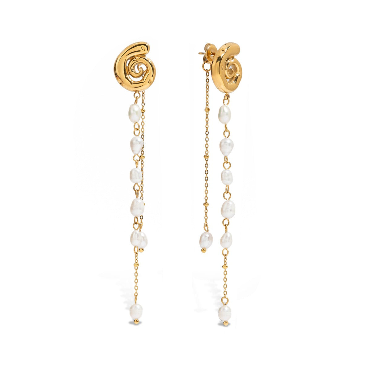 18K gold conch-shaped earrings with pearl tassels, exquisite and noble design