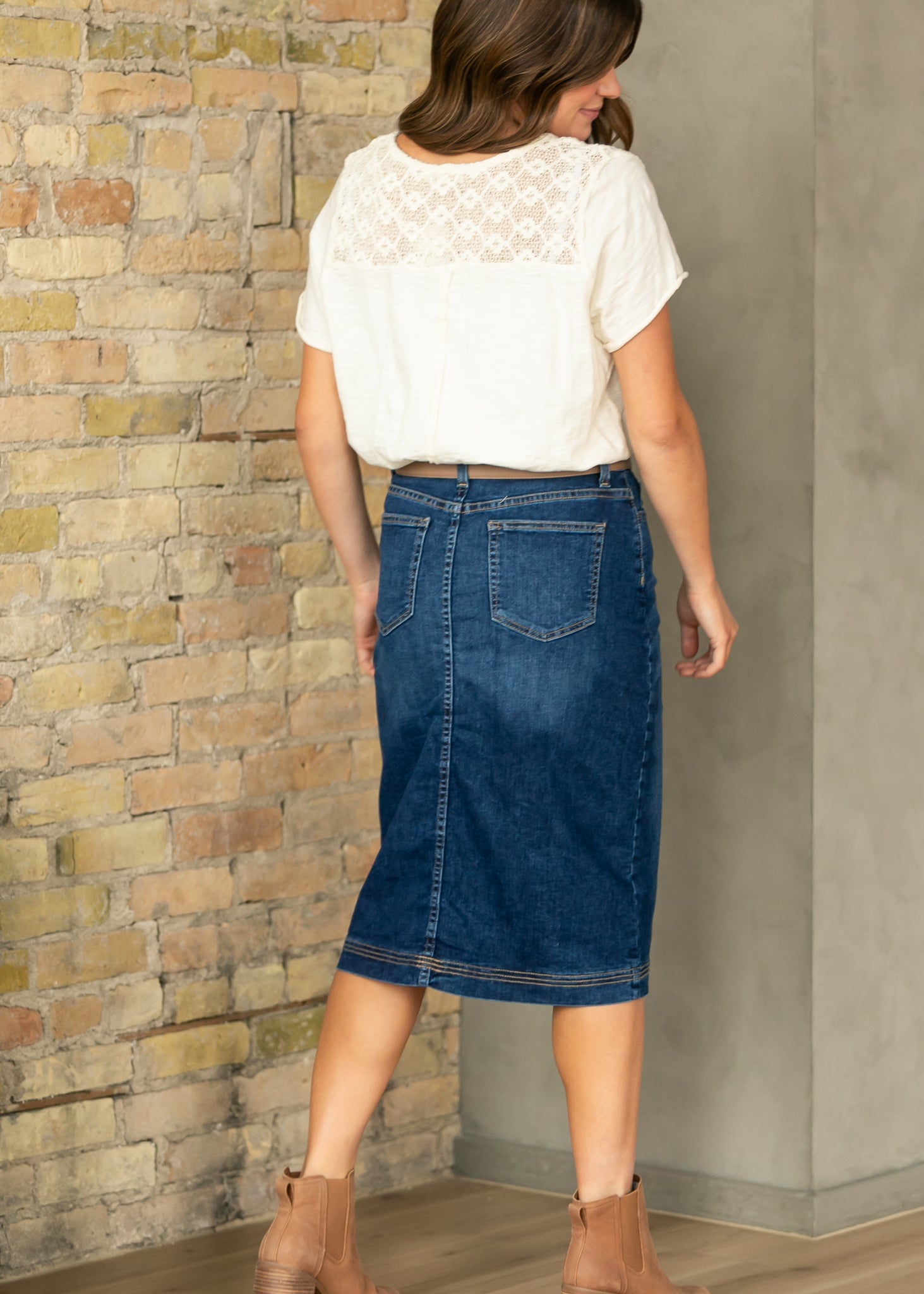 Bryn Dark Wash Denim Midi Skirt