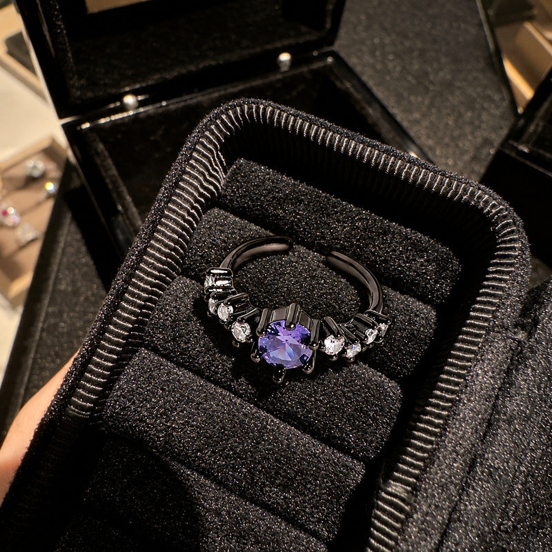 Wholesale Black Gun Tone Purple Cubic Zirconia Open Ring For Women, Niche High-End Retro Gothic Dark Style Finger Jewelry