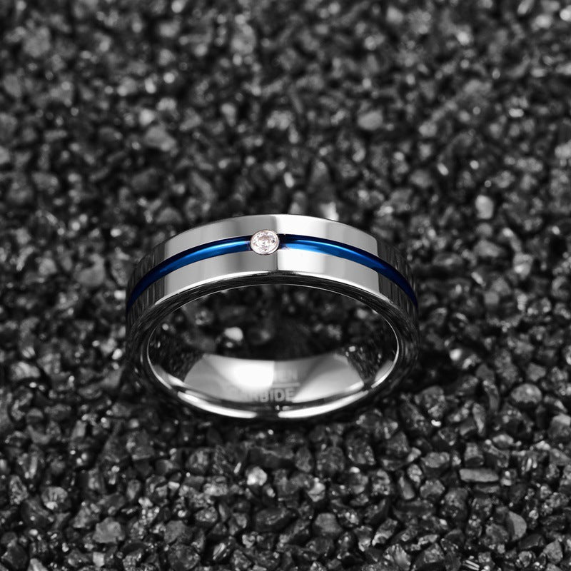 6mm Wide Polished Blue Groove Inlaid Zircon Tungsten Steel Ring