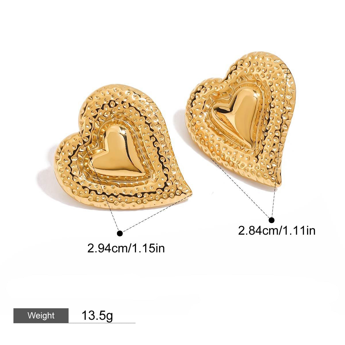 18K gold heart-shaped earrings and necklace set with exquisite texture design