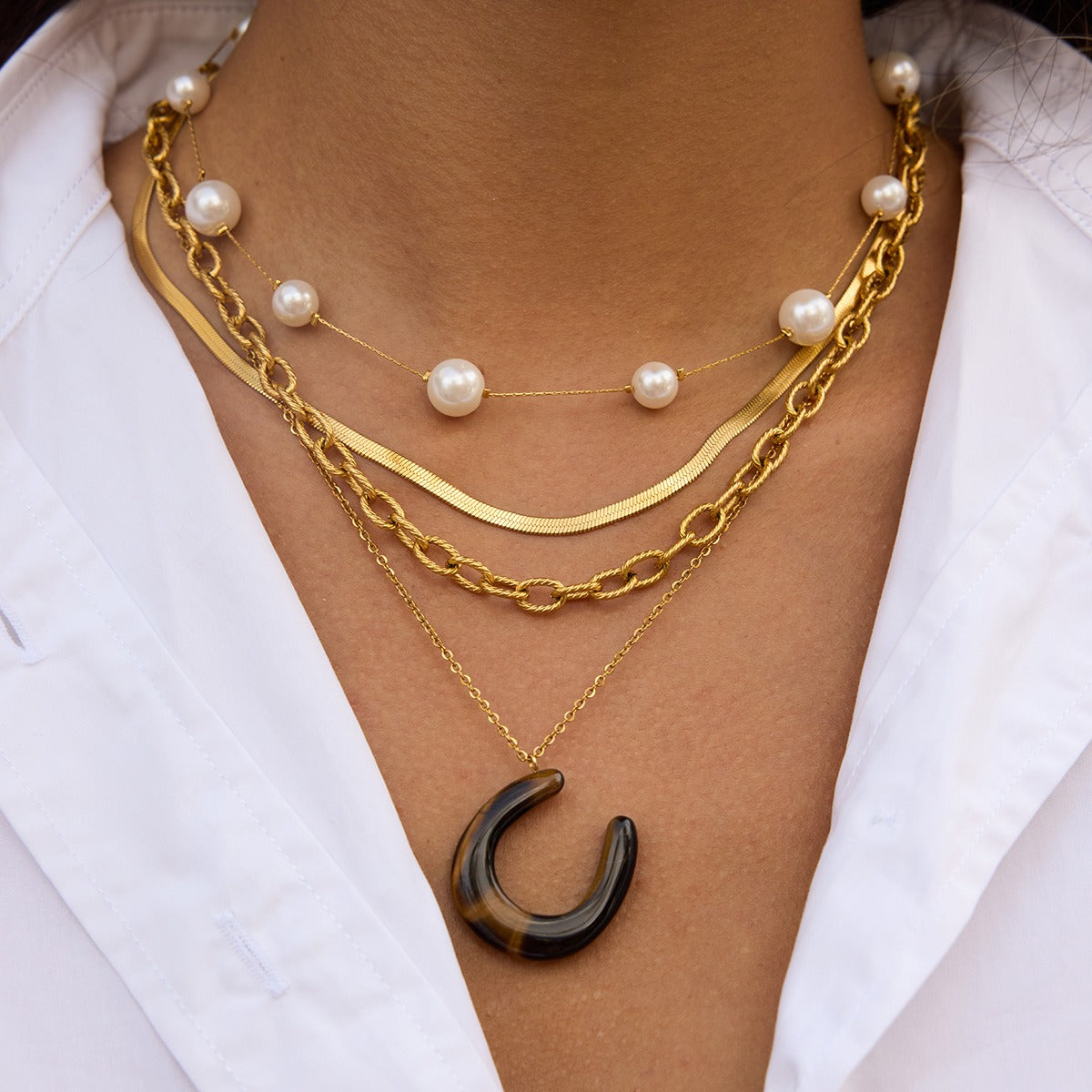 18K Stainless Steel Horseshoe U-shaped Tiger's Eye and Malachite Pendant Necklace