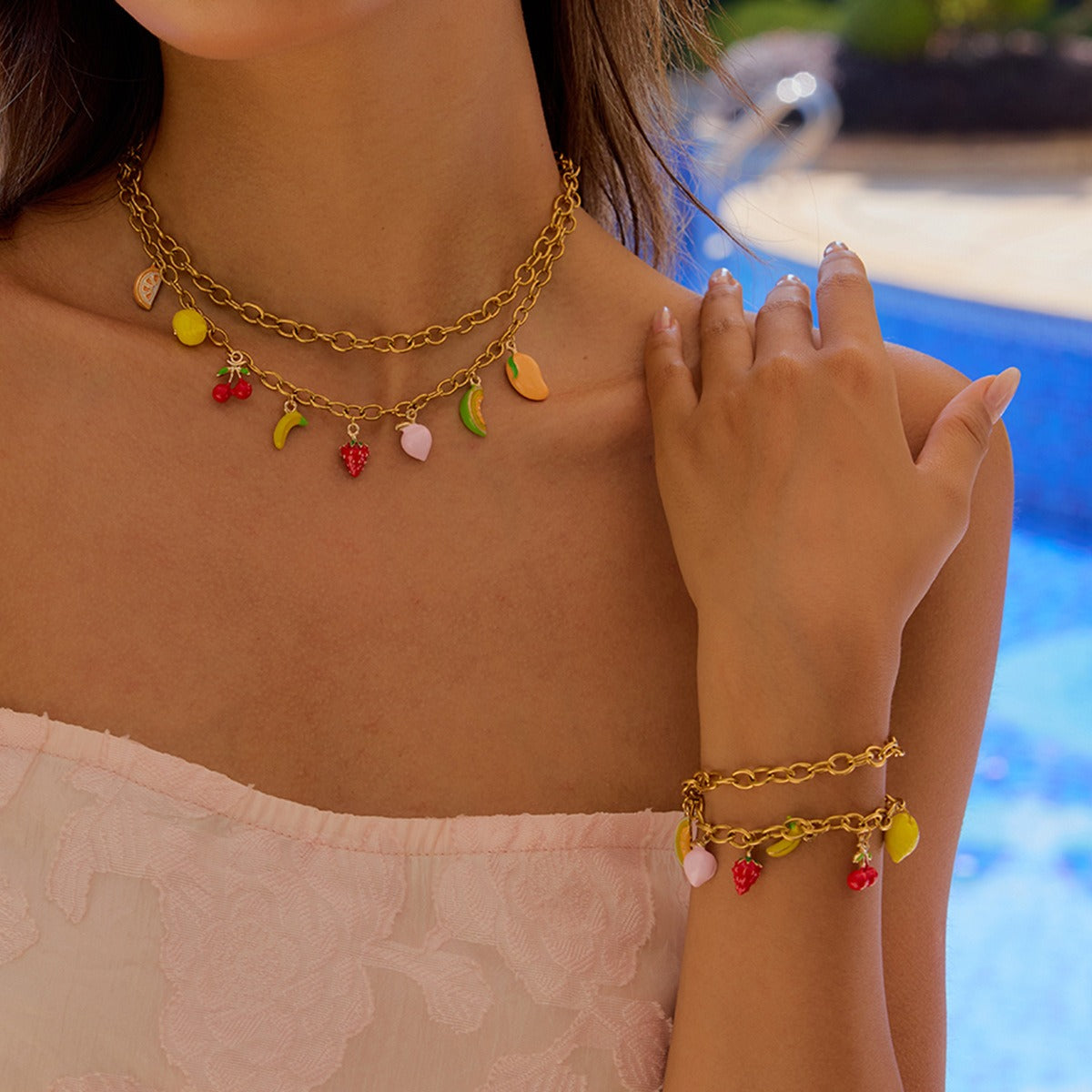 18K gold thick chain with fruit-shaped pendant design trendy and unique necklace, bracelet and earrings set