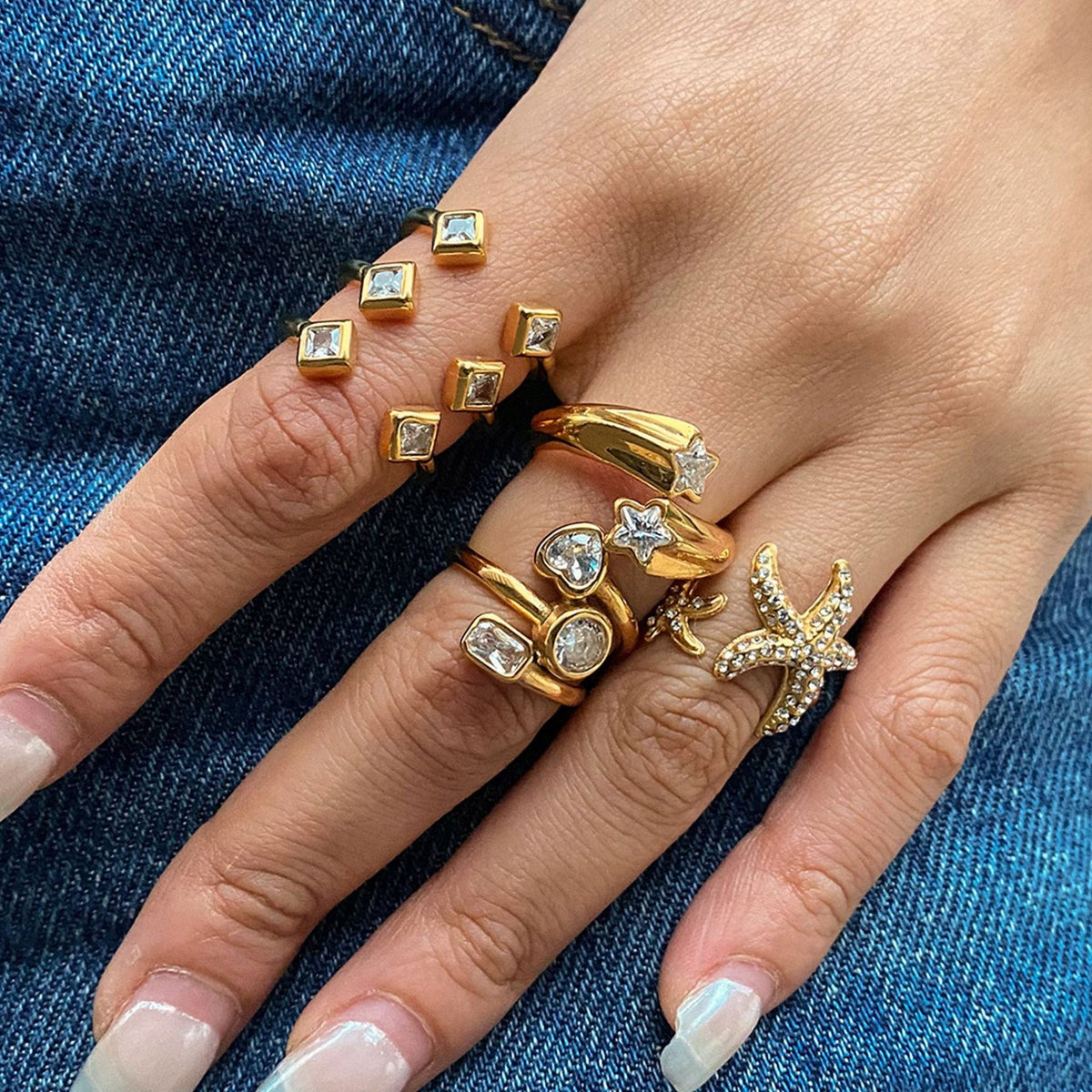 18K gold geometric inlaid gemstone design exquisite noble ring and earring set