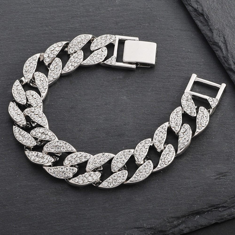 European And American Style Hip-hop Explosions Men's Domineering Cuban Chain Full Set Zircon Exaggerated Large Gold Chain Bracelet Manufacturers Wholesale