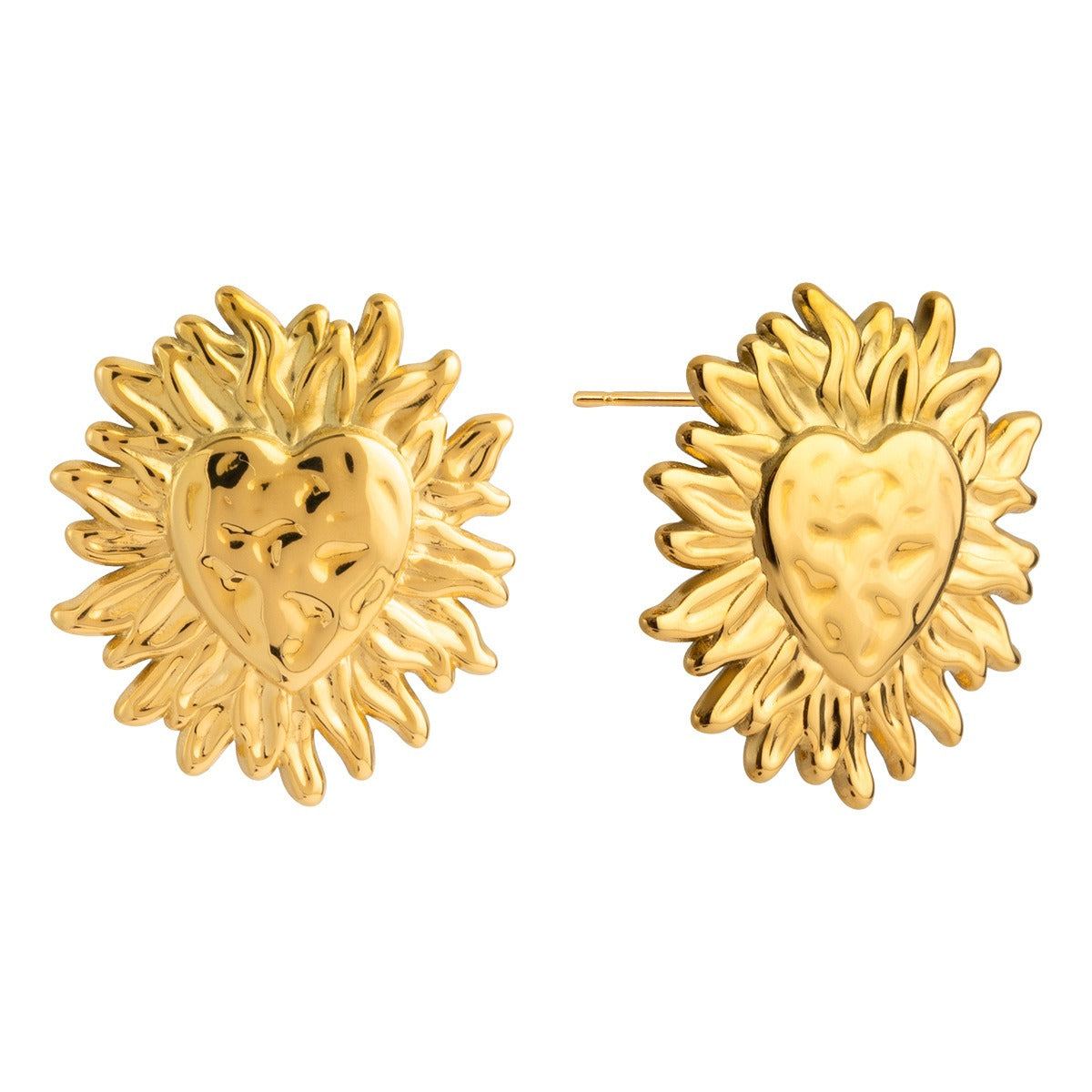 18K Gold Heart-Shaped Sun Design Lightweight Luxury Stud Earrings