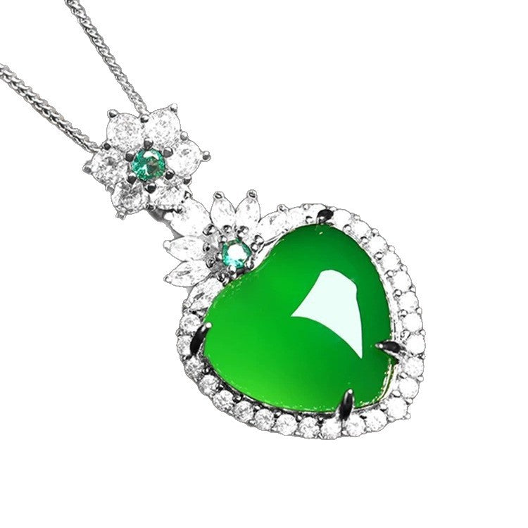 Natural Ice Emerald Green Chalcedony Pendant Plated Sterling Silver Necklace Heart-shaped Pendant Agate Jade Fashion Clavicle Chain