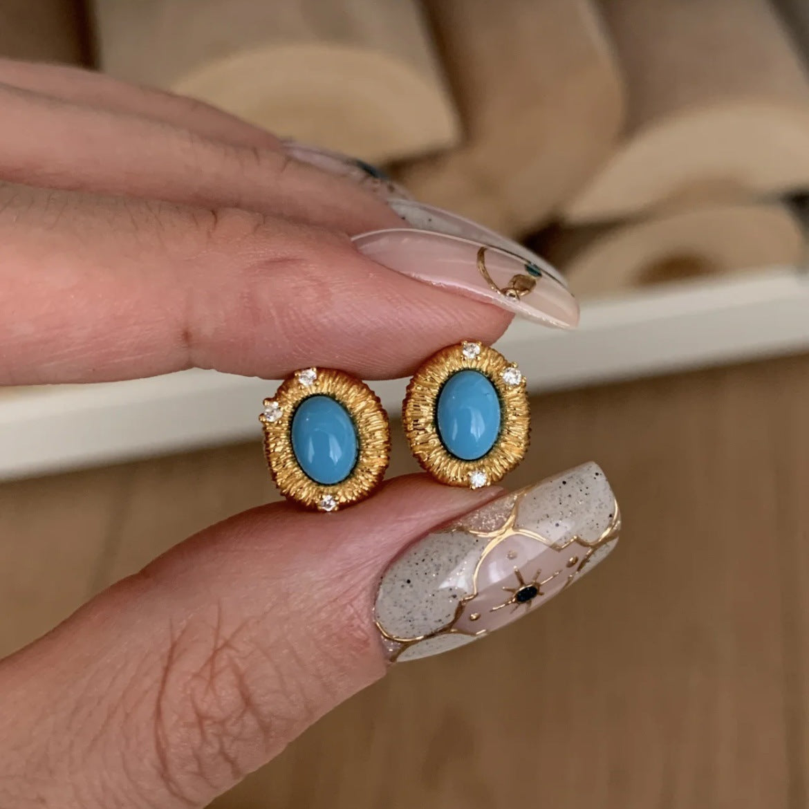 Antique Vintage Handmade Brushed Blue Pine Necklace Women's Niche Design Light Luxury White Ring Elegant Earrings