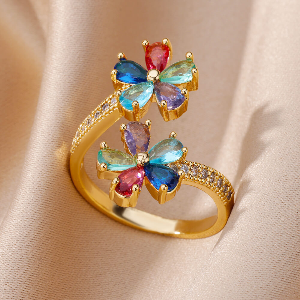 Women's Colorful Zircon Flower Open Ring