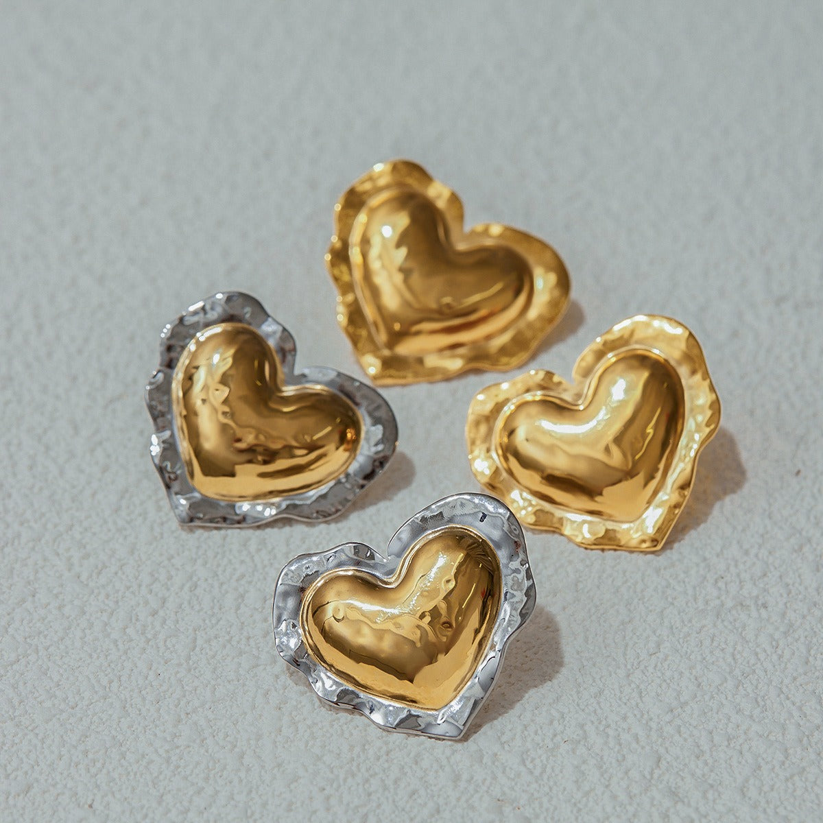 18K gold heart-shaped earrings and ring set with textured design