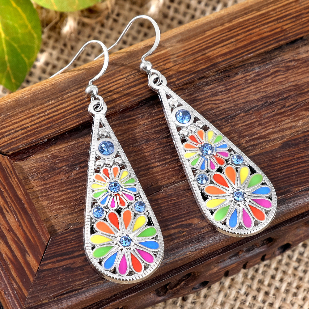 Metal Earrings Water-drop-shaped With Small Daisies Oil-drip Style