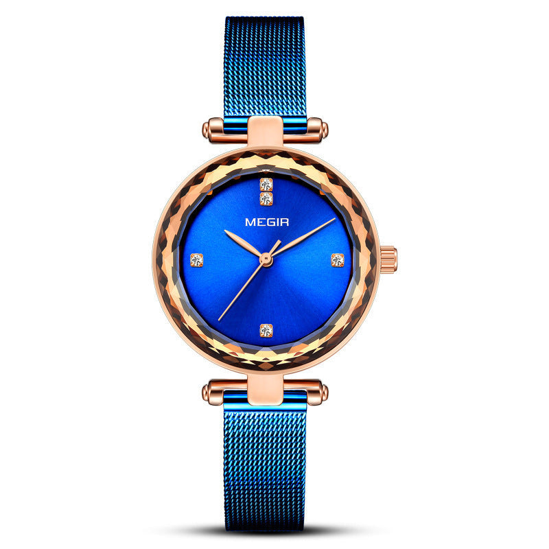 Stylish Cut-mirror Imported Movement Quartz Womens Watch With A Steel Band And Diamond Accents