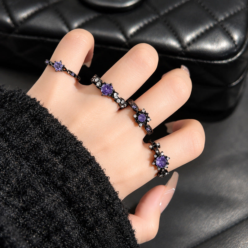 Wholesale Black Gun Tone Purple Cubic Zirconia Open Ring For Women, Niche High-End Retro Gothic Dark Style Finger Jewelry