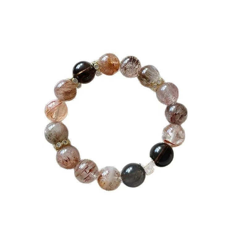 Natural Black Gold Super Seven Bracelet Black Rutilated Quartz  Smoky Quartz Beaded Chain Unisex Energy Jewelry