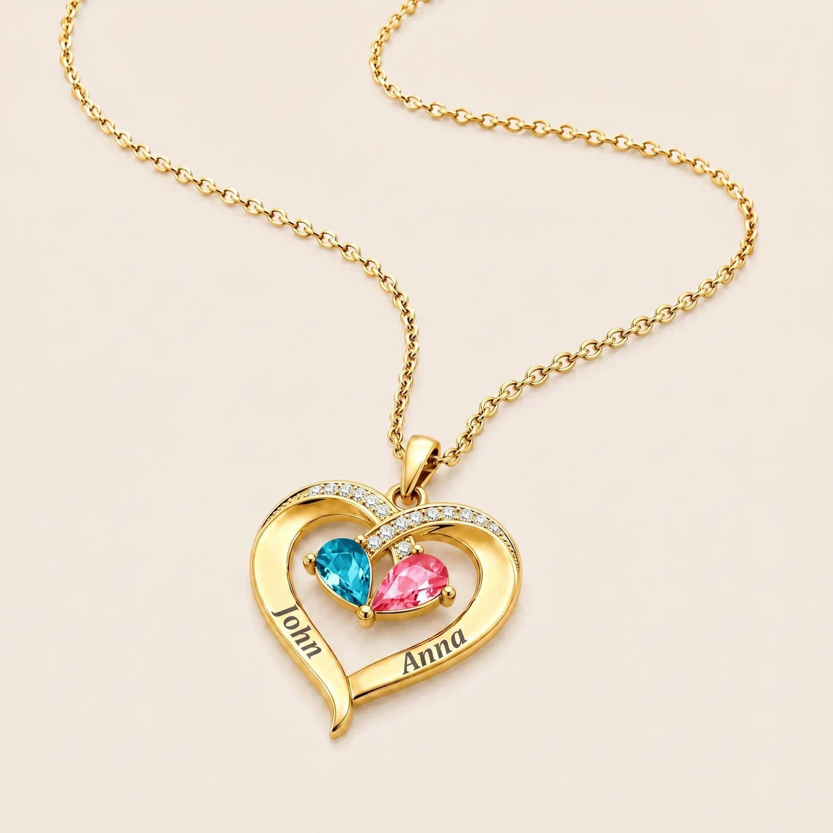 Elegant Double Name Heart Birthstone Necklace