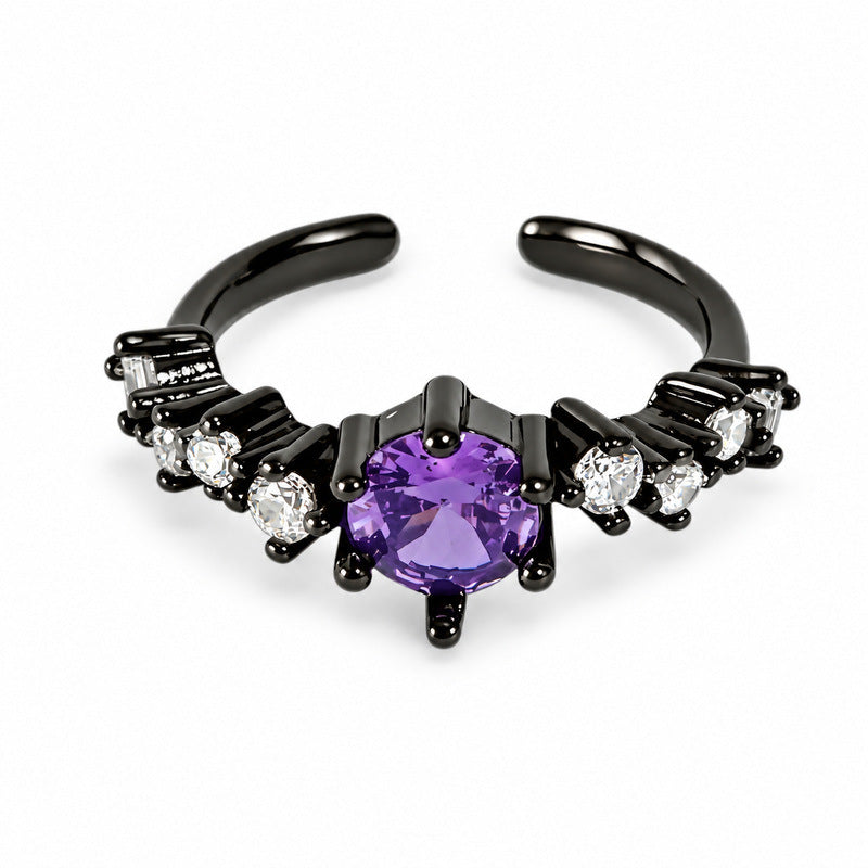 Wholesale Black Gun Tone Purple Cubic Zirconia Open Ring For Women, Niche High-End Retro Gothic Dark Style Finger Jewelry