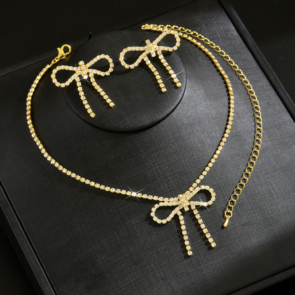 Women Bow Rhinestone Necklace And Earrings Set,Exaggerated Trendy Bridal Costume Accessories For Banquet Party Occasion