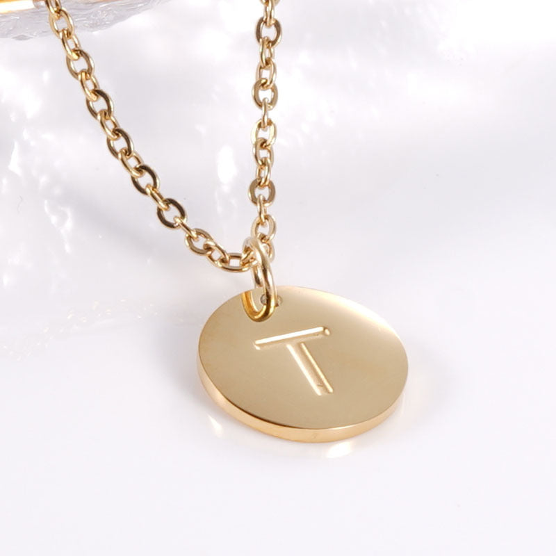 Minimalist Stainless Steel Necklace With Round 26-letter Pendants