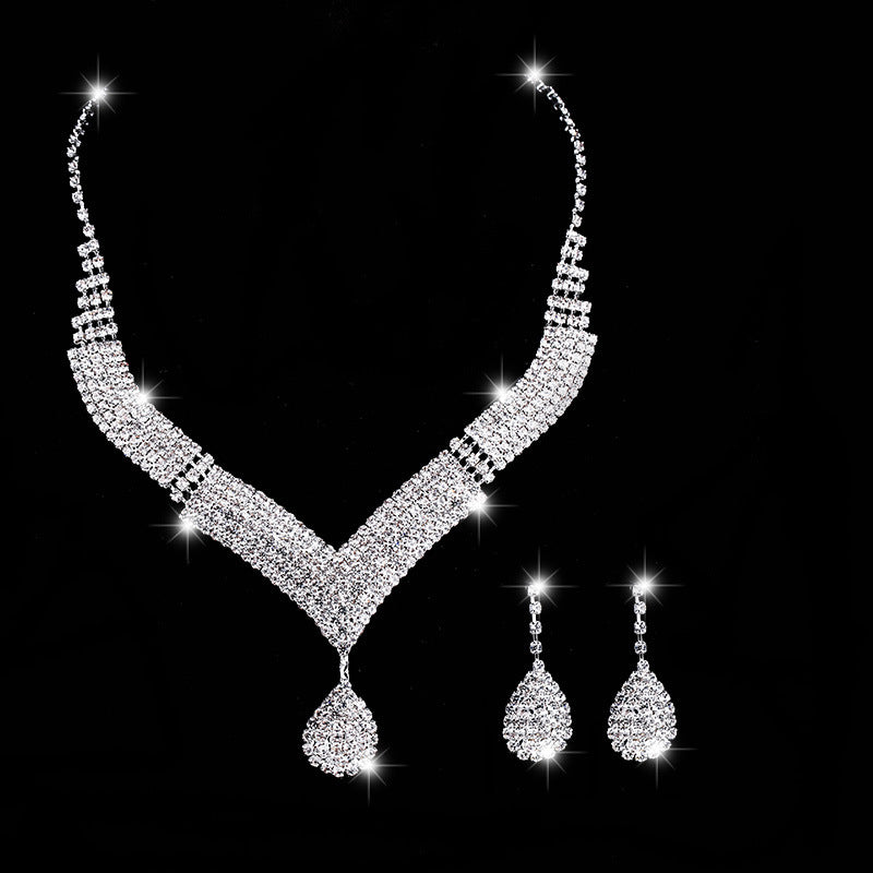 Spot Multi-Color Hot-Selling Wedding Jewelry Necklace Earrings Jewelry Set Luxury Rhinestone Bridal Set Chain
