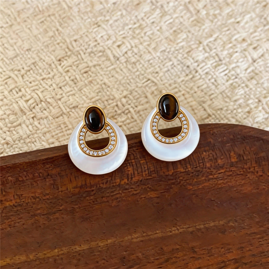 French Luxury U-Shaped Faux Tiger Eye Stone Stud Earrings For Women, Niche Elegant Daily Commute Versatile High Grade Ear Jewelry