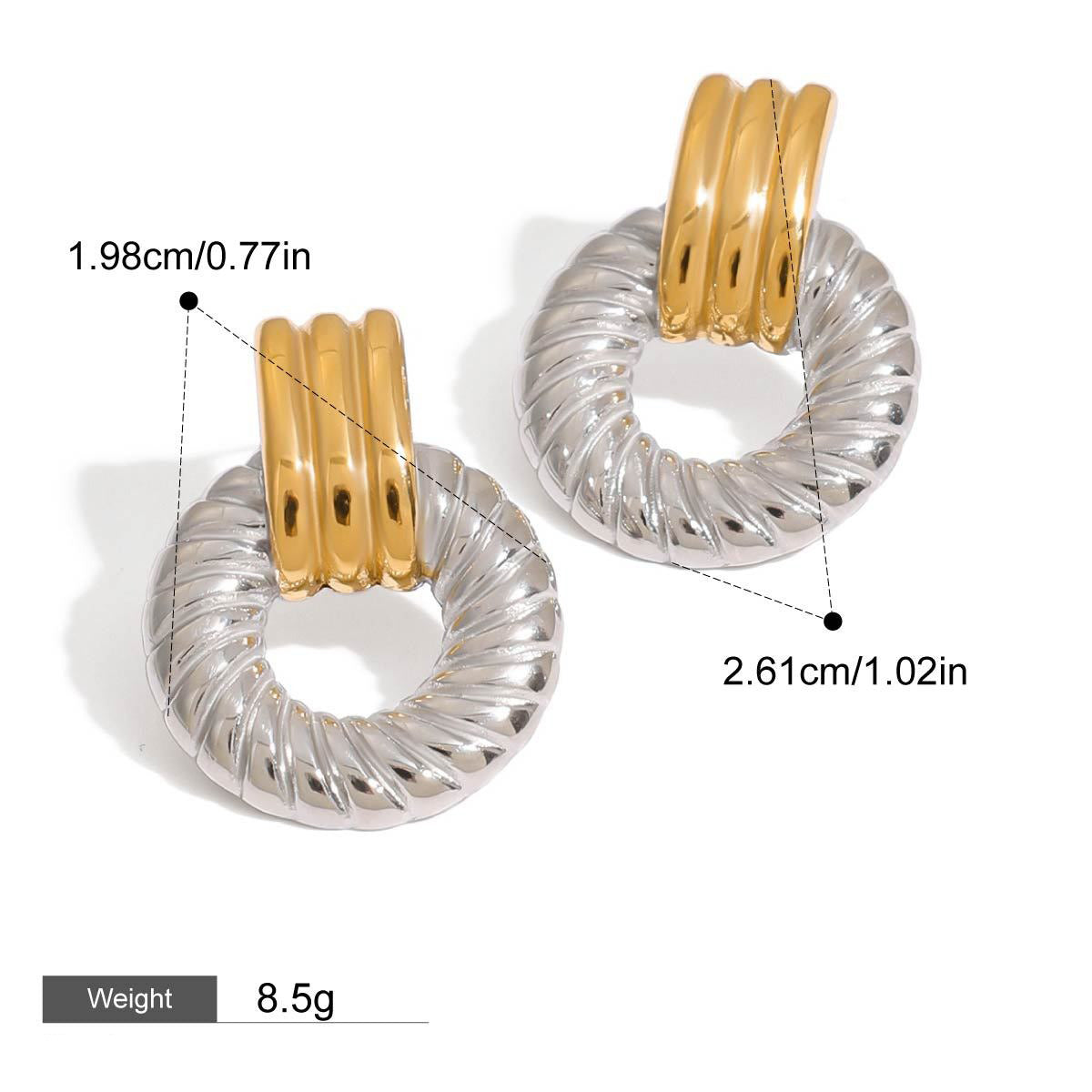 18K gold hollow round with gold and silver color matching design simple personality earrings