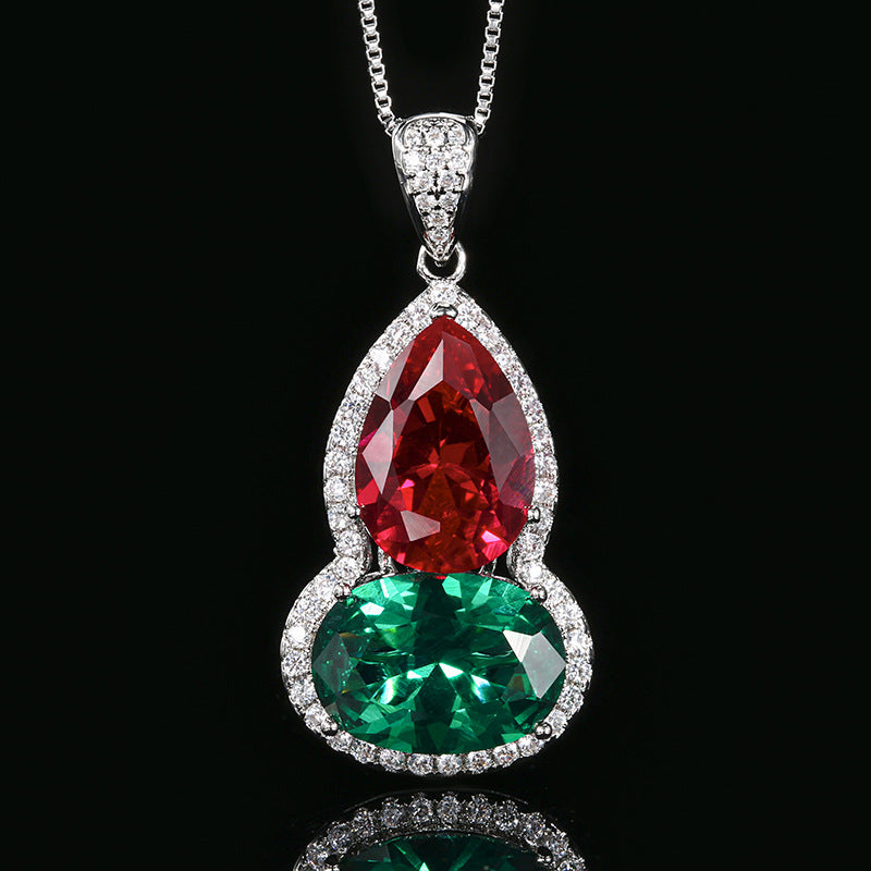 Luxury Gourd Shape Crystal Pendant Necklace For Women Micro Paved Zircon Lucky Hu Lu Colored Gemstone Choker Necklace Elegant Silver Plated Clavicle Chain Jewelry Gift