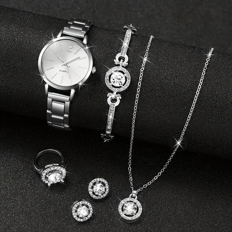 Small Silver Dial With Delicate Steel Strap, Five-piece Set For Women