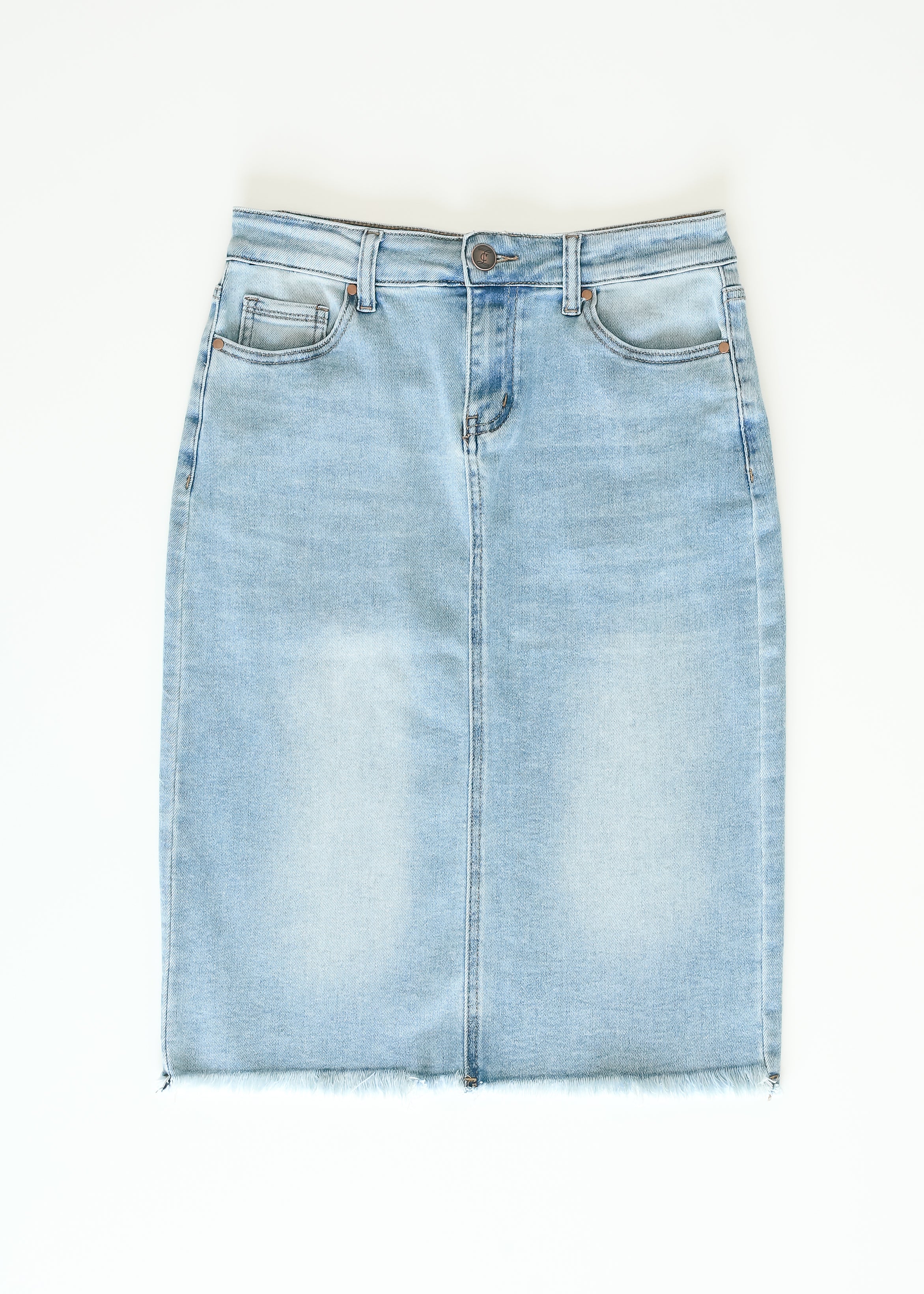 Drew Raw Hem Midi Denim Skirt