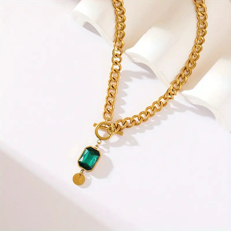 New Retro Fashion Exaggerated Chunky Chain Green Square Zircon Pendant Choker Necklace For Women, Short Clavicle Neck Jewelry