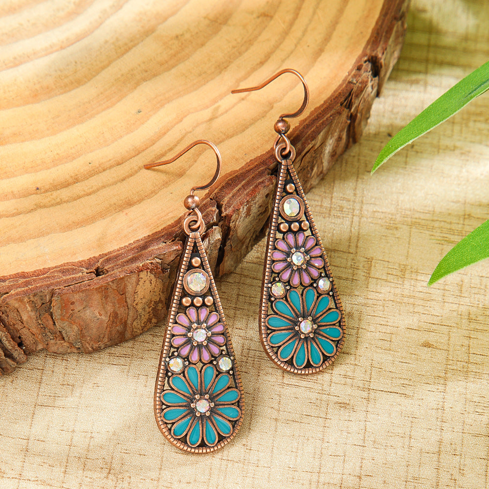 Metal Earrings Water-drop-shaped With Small Daisies Oil-drip Style