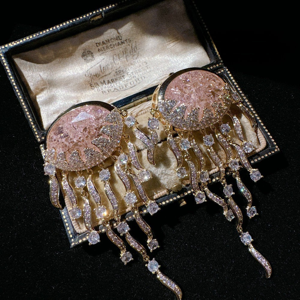 Jellyfish-Pattern Tassel Gemstone Earrings
