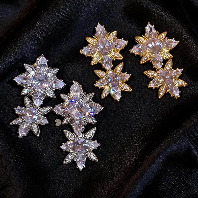 Women Vintage Minimalist Flower Star Burst Cubic Zirconia Pendant Dangle Stud Earrings,Light Luxury Delicate Versatile Fashion Jewelry For Daily Occasion