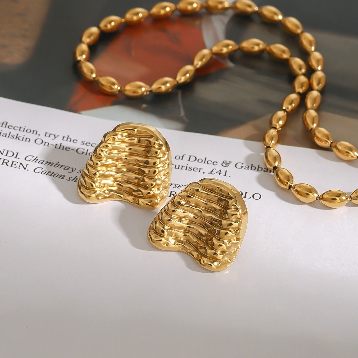 18K gold geometric shape with texture design unique personality earrings
