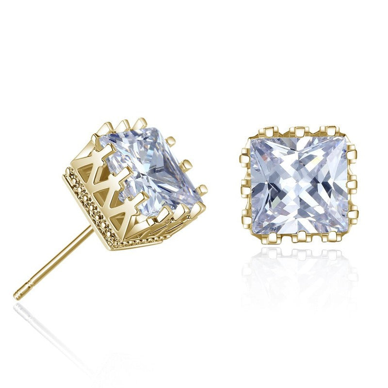 Crown-shaped openwork square zircon stud earrings