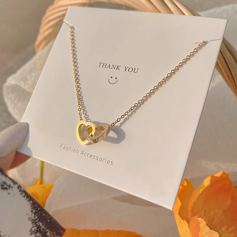 All-Titanium Steel Electroplated 18K Gold Cool Style Heart Double Ring Necklace For Women Niche Design Fashionable And Versatile High-End Sense